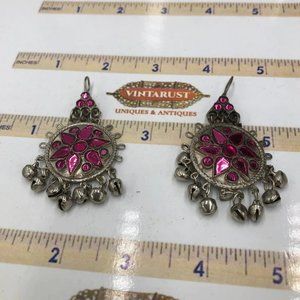 Afghan Kuchi Silver Dangle Jhumka Style Earrings With Purple Glass Stones